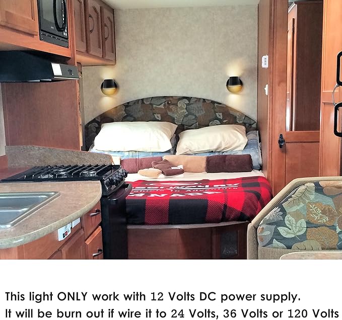 RV LED Bedside Reading Light with Switch - 2 Pack, 350° Rotatable 12V RV Vanity Wall Sconce, Black Finished, 12Volt RV Interior Lights for RV Camper Trailer Motorhome Boat