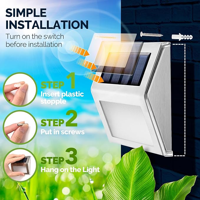 GIGALUMI 12 Pack Solar Fence Lights Outdoor, Waterproof LED, Cold White | Stainless Steel for Outdoor Stairs, Step, Deck, Fence, Yard, Patio, and Balcony