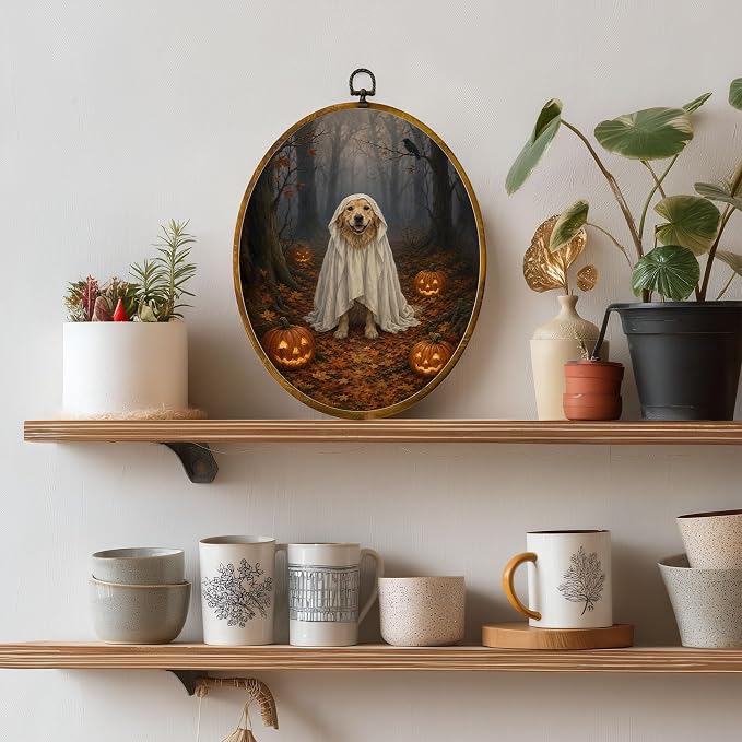 Golden Retriever Ghost Oval Wall Art, Framed Canvas Decor, 8.5x11.5 Inch | Golden retriever in ghost costume, pumpkins, misty forest and crow Halloween decor