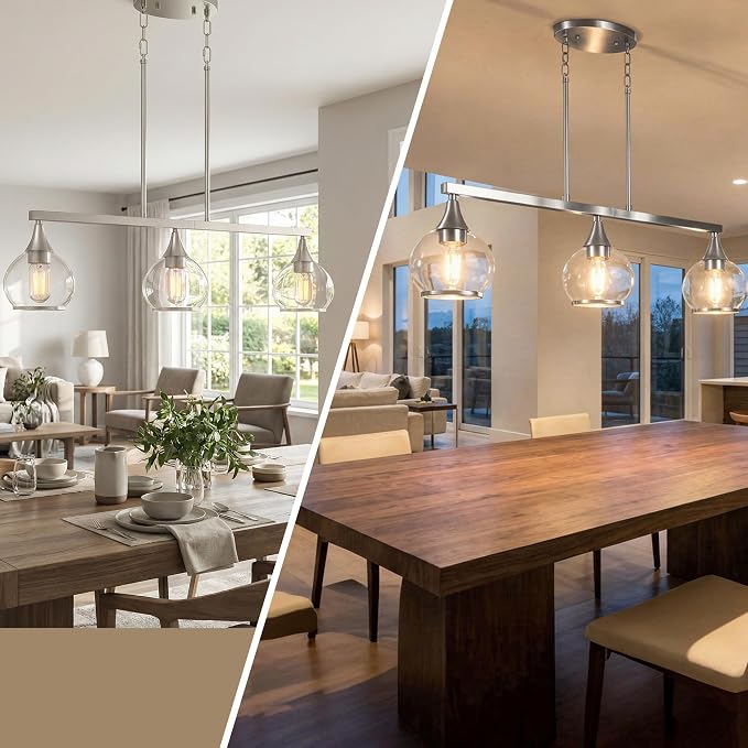 Kitchen Island Linear Pendant Light, 3-Light Brushed Nickeld Dining Room Chandelier with Clear Glass Globe Shades, Modern Linear Lighting Fixture Over Table