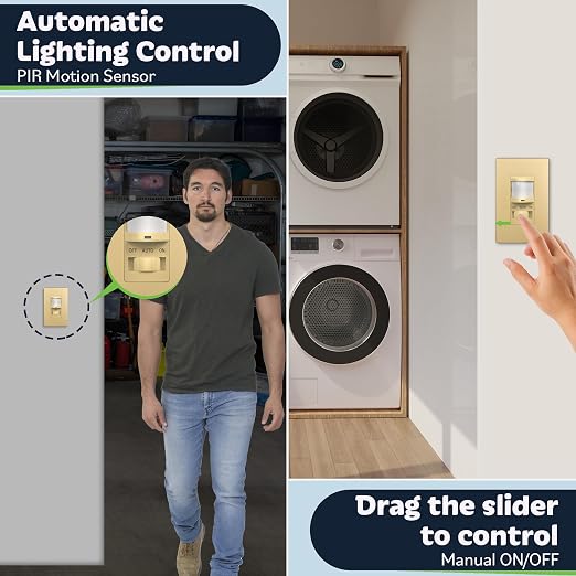 TOPGREENER in Wall PIR Motion Sensor Light Switch, Need Neutral Wire, Gold | Occupancy Sensor Switch, On/Off Override, Single Pole, 4A/500W, Motion-Activated Switch, Wall Plate Included,UL-listed,2 Pack