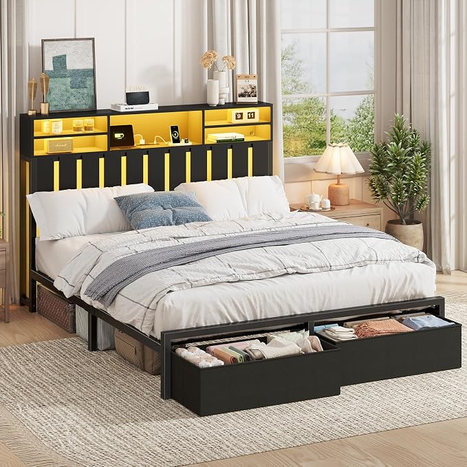 Full Size Bed Frame with Headboard and Charging Station,2 Storage Drawers | Wood Headboard with LED Lights & 2-Tier Storage Shelves, Full Platform Bed with Under Bed Storage, No Box Spring Needed