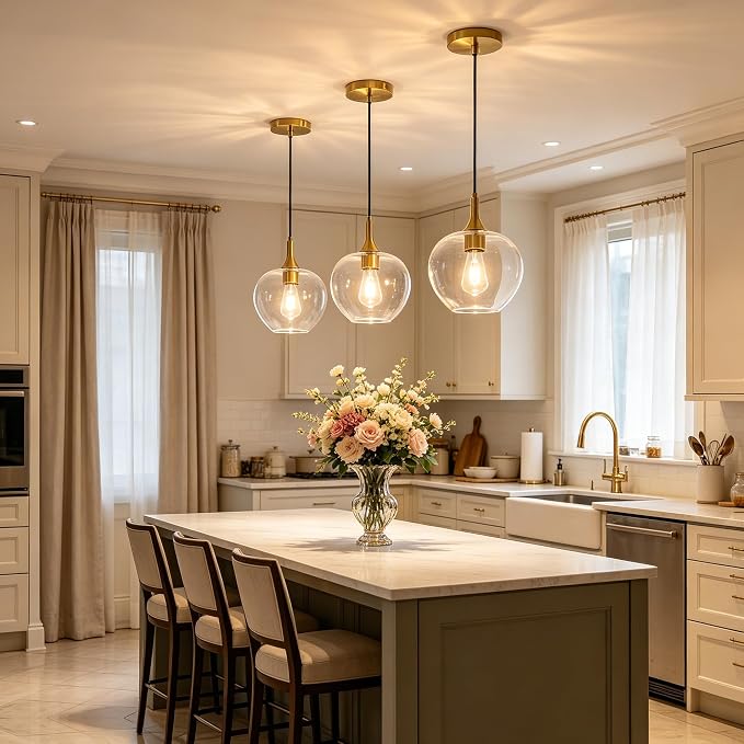 9.45in Gold Pendant Lights Kitchen Island with Clear Glass Shade 1Pack | Handcrafted Glass Pendant Light Fixtures, UL Certified, E26 Base 100W Max, Height-Adjustable, Dimmable Hanging Pendant Light