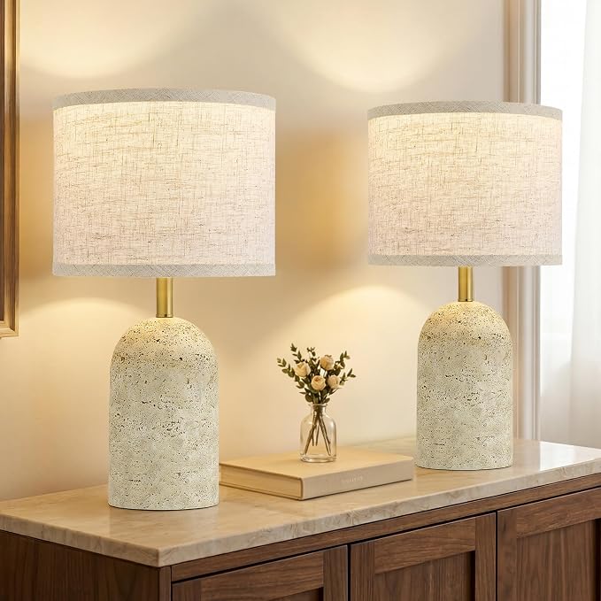 Table Lamps Set of 2, Stone-Like Resin Bedside Lamps for Living Room Bedroom, 18" Modern End Table Desk Lamp for Nightstand, Entryway, Home Office