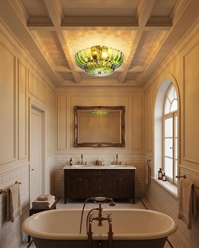 Semi Flush Mount Ceiling Light Fixture 14" Vinatge Gold Ceiling Lights Mid Century Modern Green Glass Close to Ceiling Lighting Fixtures for Bedroom Hallway Kitchen Laundry Room Bathroom