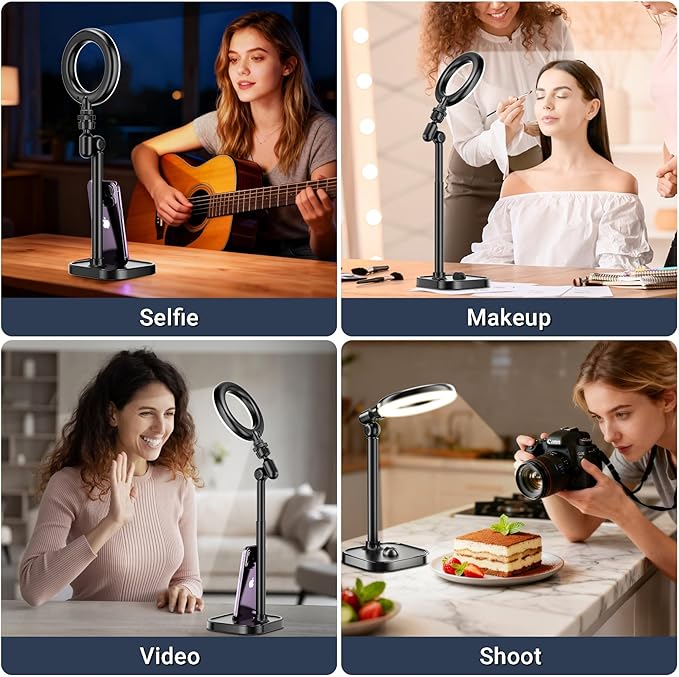 Ring Light for Desk, Portable Streaming Lights for Video Recording, 5’’ Halo Lighting with Stand for Selfie, Travel, Meetings, Makeup, Content Creators, Photography