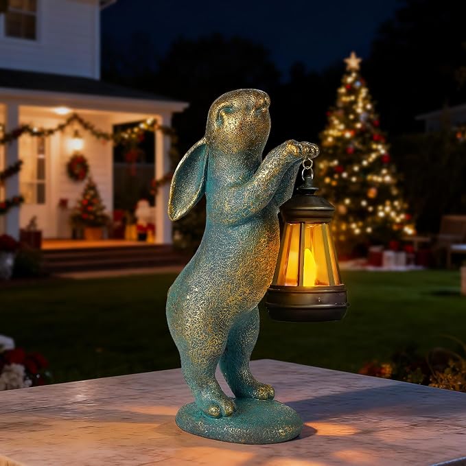 MININOVA Garden Statues Rabbit with Solar Lantern Resin Outdoor Bunny Figurines Decorations for Patio Yard Lawn Ornaments Gifts for Mother's Day Birthday Housewarming