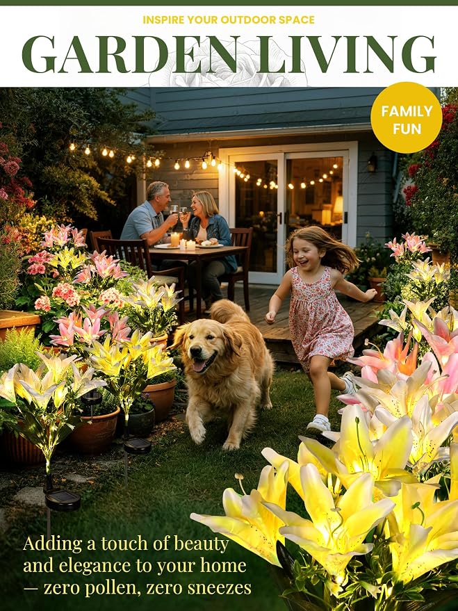 GIGALUMI Solar Garden Lights, 8 Pack LED Lily Solar Flower Lights Outdoor | Garden Decor Carefree Artificial Flowers Lily, 3 Lighting Mode, Yard Decorations, Gardening Gifts (2White, 3Yellow, 3Pink)