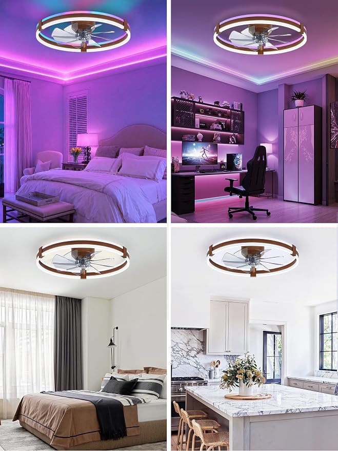 ZMISHIBO 23" RGB Low Profile Ceiling Fans with Lights and Remote, Walnut | Custom RGB+3CCT Dimmable, 6 Speeds, Remote/App Control, Reversible DC Motor, Memory, Timer, Modern Fandelier for Kids/Bedroom