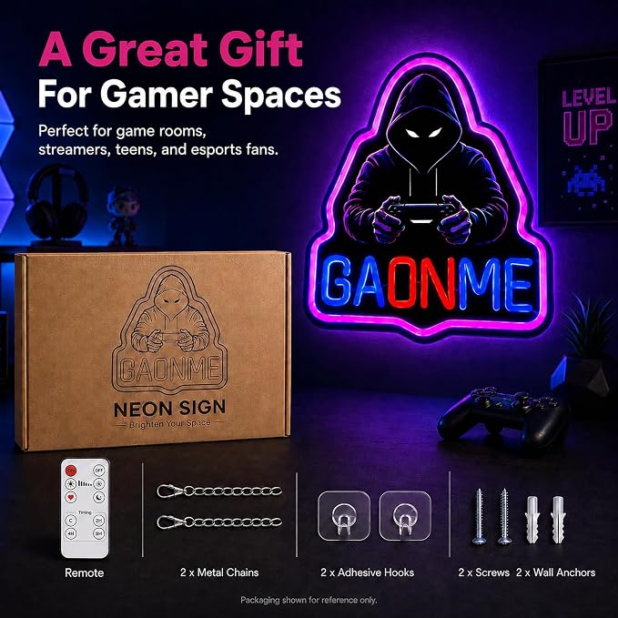 Game On Neon Sign: LED Light With Remote For Boy Room Decor | USB 5-Min Install - Dimmable Timer 2/4/8H Gaming Wall Decor for Man Cave Boys Teen Game Bedroom Basement