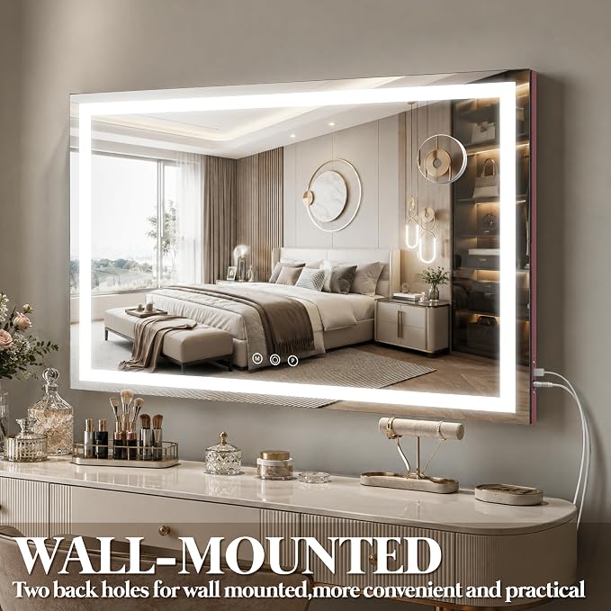 FENNIO Large Vanity Mirror with Lights,40" x 28"Makeup Mirror with Lights,Hollywood Mirror with 3 Color Modes & Adjustable Brightness,Vanity Mirror Square Pink
