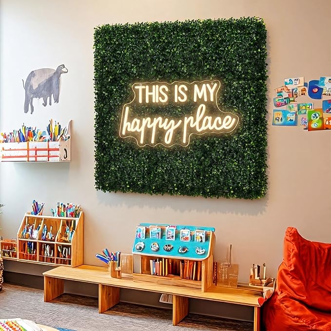 Thyle 10 Pcs Classroom Reading Corner Decoration Set This is My Happy Place | Neon Lights and 9 Pcs Artificial Grass Wall Panels Backdrop Decor for Back to School Library Teen Girls Bedroom