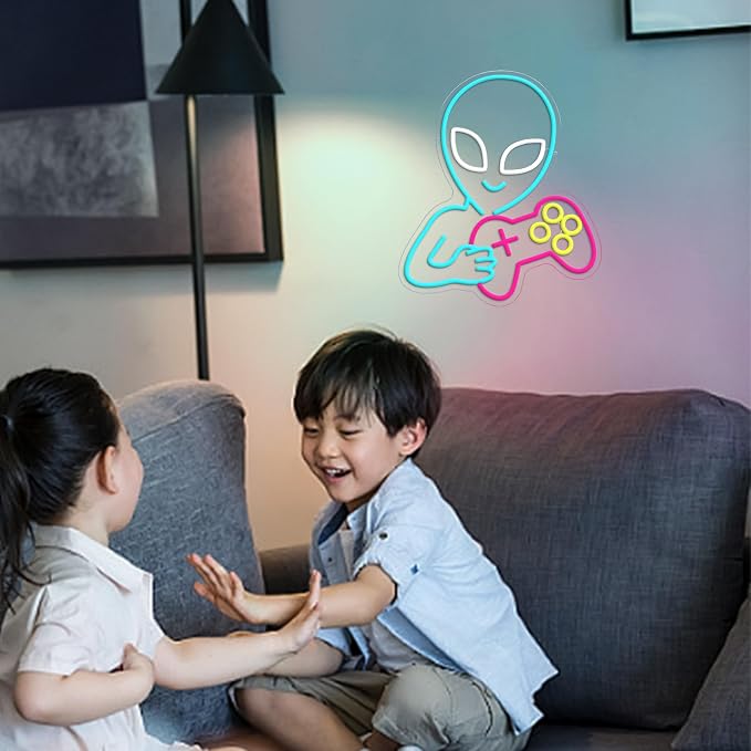 Alien Game Neon Sign Ice Blue Alien Neon Light for Wall Decor Dimmable Game Neon Sign Gaming Controller Light Up Sign for Bedroom Bar Room(16.14 * 12.8)