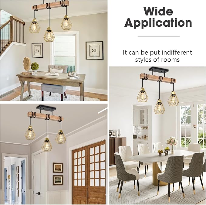 3-Lights Dining Room Light Fixture Over Table, Wood Kitchen Island Lighting Hanging, Farmhouse Chandelier for Dining Room, Black Pendant Light Fixtures with Gold Metal Cage for Bar Restaurant