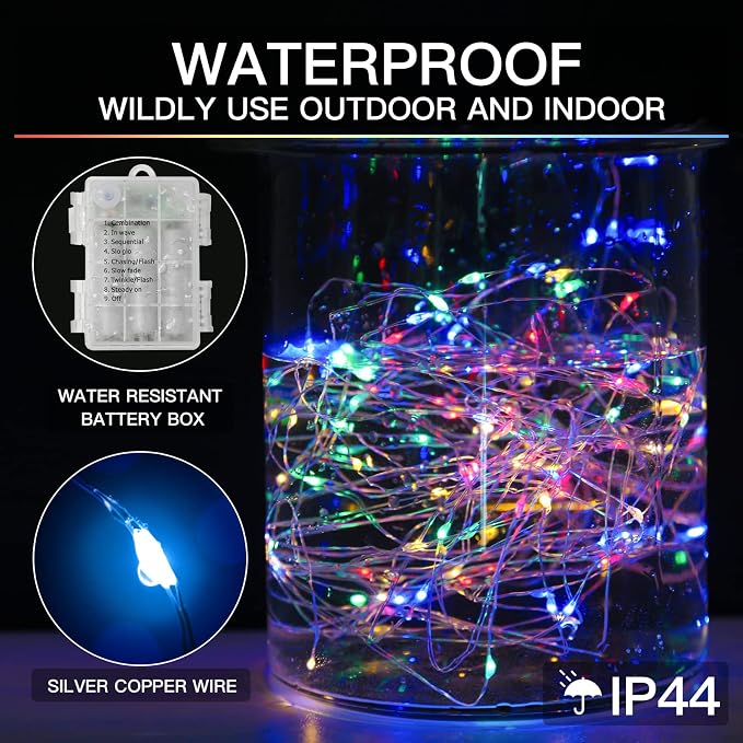 33ft 100 LED Outdoor String Lights, Multi Color Fairy Lights Battery Operated with Remote, Led Twinkle Lights for Bedroom, Backyard, Wedding, Tree, Mason Jar, Wall, Centerpiece, Christmas