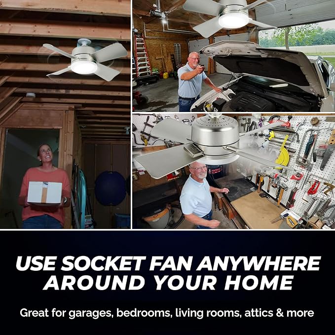 Bell+Howell Socket Breeze Cool Light Deluxe Silver โ Ceiling Fans with LED Lights and Remote Control, Replacement for Lightbulb - Bedroom, Kitchen, Living Room,1000 Lumens / 5000 Kelvins