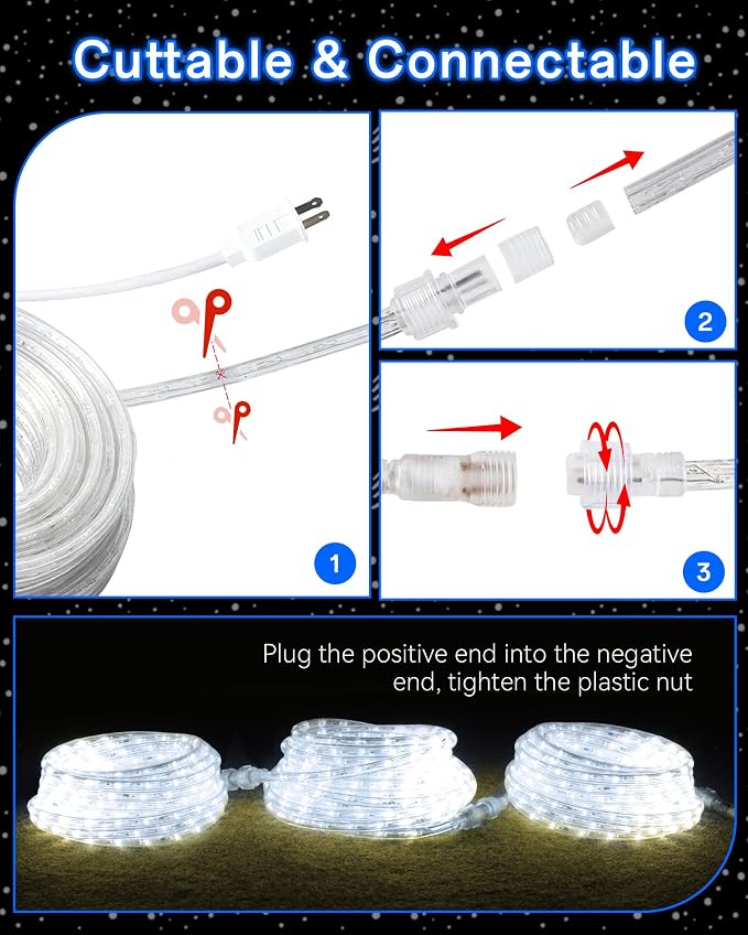 LED Rope Light, IP65 Tube Light for Christmas Patio Trees Decor, 80FT 6000K | Waterproof Clear Tube Light Plug in, 864 Daylight White LEDs 110V Flexible Cuttable Connectable for Outdoor Balcony Bedroom