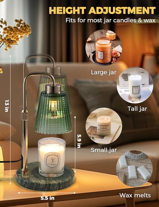 Marble Candle Warmer Lamp Green with Cycle Timer, Dimmable Wax Melt Warmer | 24h Cycle Timer Dimmable Wax Melt Warmer with 2 Bulbs, Fall Decor for Home Living Room Halloween Decorations Gifts for Mom