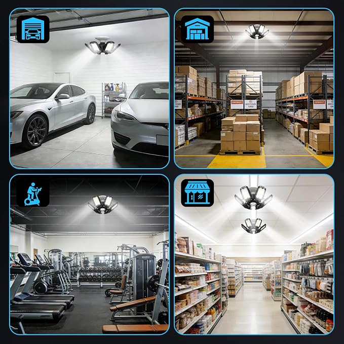 LED Garage Lights 2 Pack, 18000LM 180W Deformable Shop Light with 6+1 Adjustable Panels, 6500K Daylight White Ceiling Light for E26 Base, Ideal for Garage/Basement/Barn