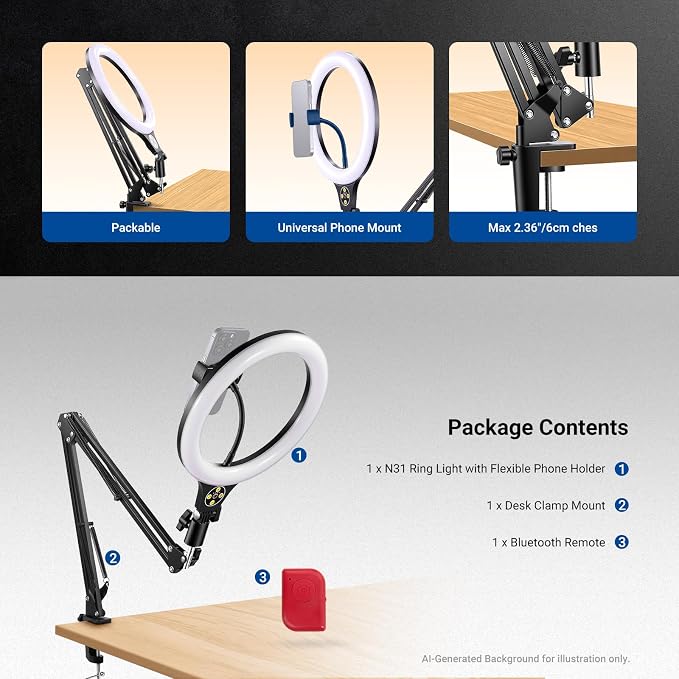 NEEWER Entry Level Version 10.5" Overhead Desktop LED Ring Light, Clamp Stand for Desk/Remote/Phone Holder Compatible with iPhone, 10W Streaming Recording Selfie Laptop Video Conference Lighting, N31