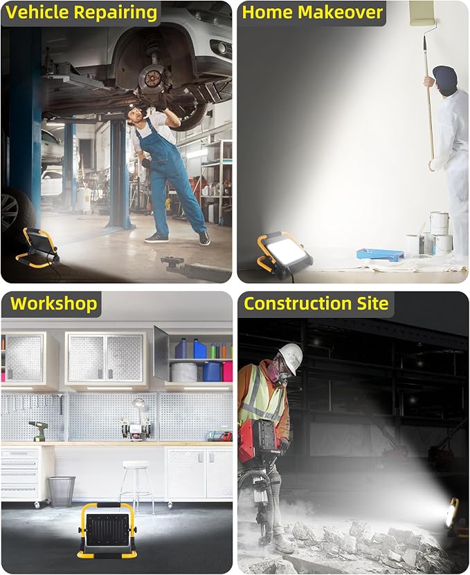 2 Pack 7200LM LED Work Light with Switch, IP66 for Garage Workshop | 60W Flood Light Outdoor, Portable Job Site Lighting with Stand, 5000K Daylight Worklight for Construction Car Repairing