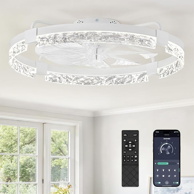 ZMISHIBO 24 Inch Ceiling Fans with Lights, Flush Mount Remote & App Control | 3CCT Dimmable LED, DC Motor, Bladeless, Reversible Blade, 6 Speeds, Modern, Low Profile, Enclosed, Bedroom, Kids, Girl, Adult