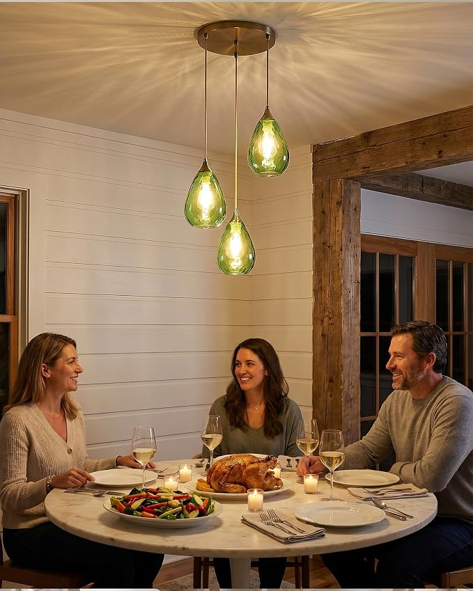 Brushed Gold 3-Light Pendant Lighting, Modern Dining Room Light Fixture Over Table with Green Hammered Glass, Cluster Hanging Lights for Kitchen Island Dining Room