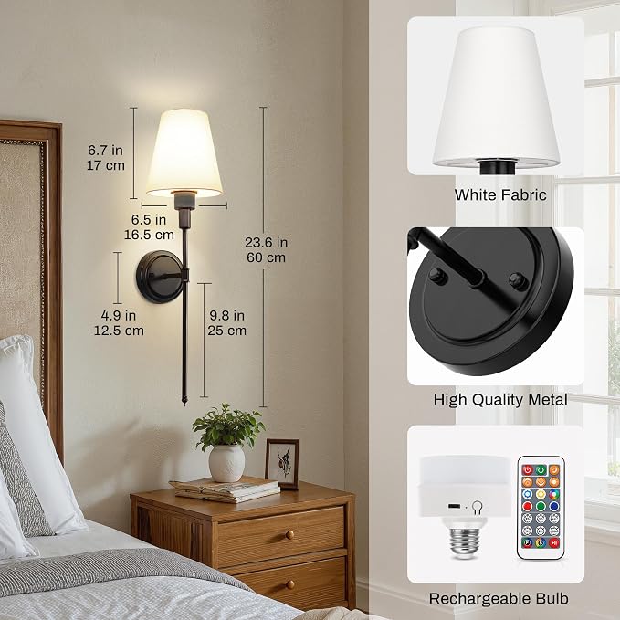 Battery Operated Wall Sconce: Set of 2 Wireless Wall Light 12000mAh | 15 Color Rechargeable Wall Sconces, Sconce Wall Decor Set of 2 for Bedroom, Living Room, Black, 24.6in