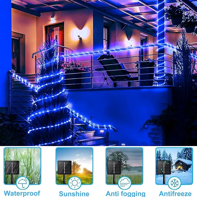 Solar Rope Lights, 66 Feet 200 LED Solar String Lights Outdoor Waterproof 8 Modes Fairy Tube Light Garden Christmas Light Decorative for Pool Patio Party Wedding Christmas, Blue