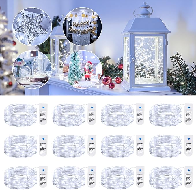 Minetom 12 Pack White Battery Operated Fairy String Lights 8 Modes | 7ft 20LED Waterproof Silver Wire Twinkle Lights, Firefly Starry Moon Lights for Mason Jars DIY Christmas Wedding Part