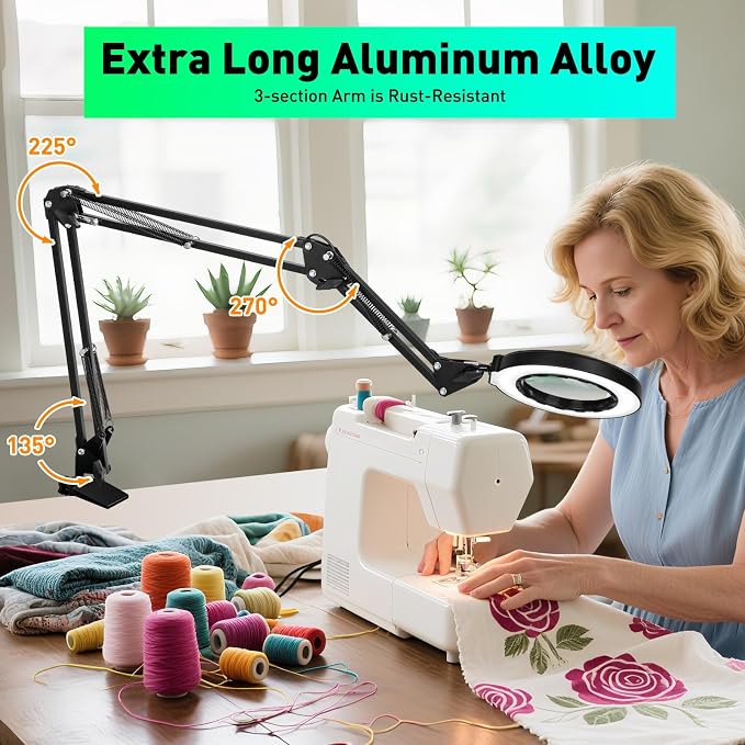 12X Magnifying Glass with Light and Stand, Soldering Helping Hands | 3-Section Swing Arm Workbench Lighted Magnifier, 5 Color Stepless Dimming, LED Desk Lamp with Clamp for Craft Repair Reading