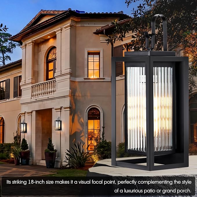 Outdoor Wall Lights for House Exterior, 18 Inch Large Black Modern Lantern with Dual Metal Frame & Textured Glass, IP65 Waterproof (Bulbs Included)