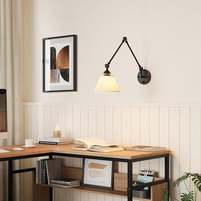 Plug in Wall Sconces Set of Two, Black Swing Arm Wall Lamp with 6.6FT Plug-in Cord and Knob Switch, Fabric Wall Lights for Bedroom, Reading, Study Room, Office, Living Room (2 Pack)