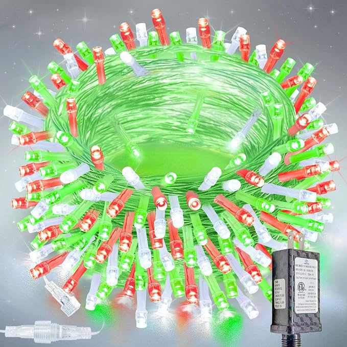 200 LED Connectable String Lights, 66FT Christmas Lights Outdoor Indoor | Red Green and White, 13 Modes, Timer, Clear Wire Waterproof Twinkle Fairy Lights Plug in for Bedroom Patio Xmas Tree Decor