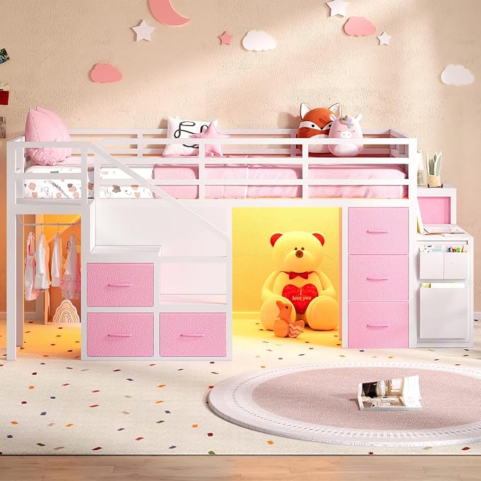 Twin Loft Bed with Desk, RGB Lights & Under Bed Play Fort, White Pink | 11 Storage Drawers, Clothes Rack, Pockets, Wide Step Stairs, 11.8''H Safety Guardrail, Built-in Charging Station