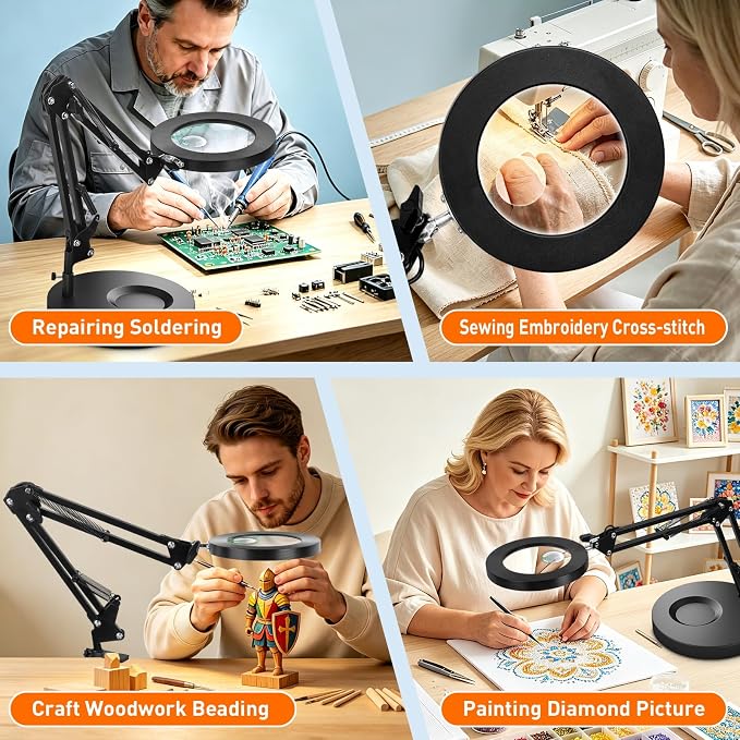 KIRKAS 12X 30X Magnifying Glass with Light and Stand, 2 in 1 LED Desk Lamp | 10 Level Dimmable 3 Color Modes, Lighted Magnifier with Light for Repair, Craft, Sewing, Reading, Close Work - Black