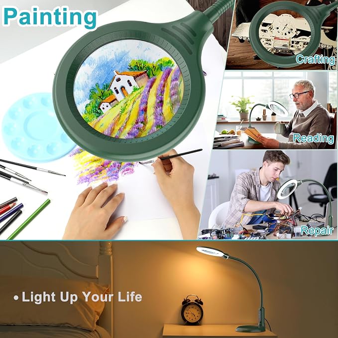 10X Magnifying Glass with Light and Clamp, 5 Color Modes Stepless Dimmable Lighted Magnifier with Stand, Flexible Gooseneck LED Desk Lamp Hands Free for Craft Painting Hobby Close Work - Green