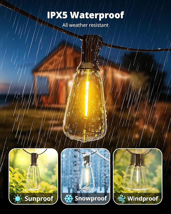 Outdoor String Lights 120FT, Outdoor Party Light with 58 Edison Lights Bulb | Shatterproof,Edison Outside Lights,Plug-In,2700K Dimmable, Connectable, Hanging Light for Porch Garden Backyard Deck Balcony