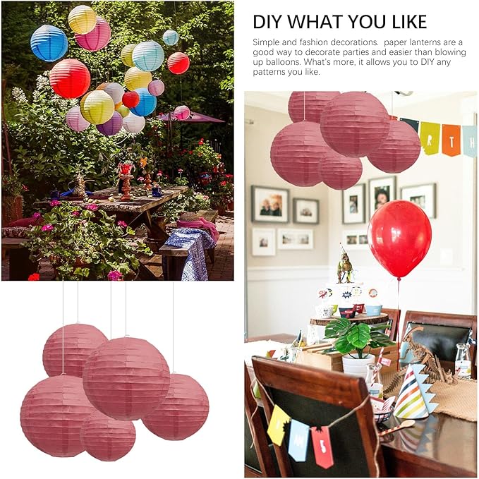 20Pcs Burgundy Paper Lanterns for Parties, 6” 8” 10” 12” Chinese Asian Hanging Round Paper Lanterns for Birthday Wedding Halloween Christmas Home Decor Party Decor