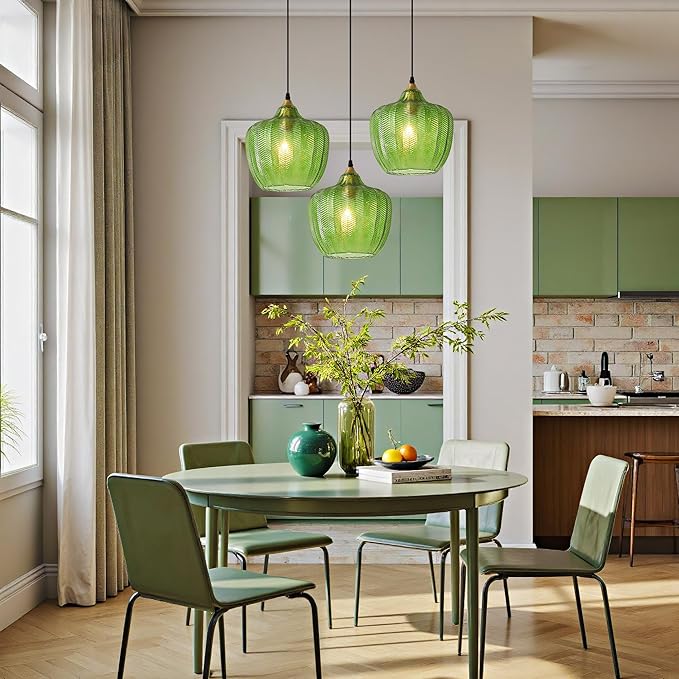 Modern Gold Pendant Light, Green Glass Farmhouse Kitchen Island Pendant Light Fixture Adjustable Vintage Hanging Ceiling Light for Dining Room Corridor 9.45 inch 1 Pack, UL Certification