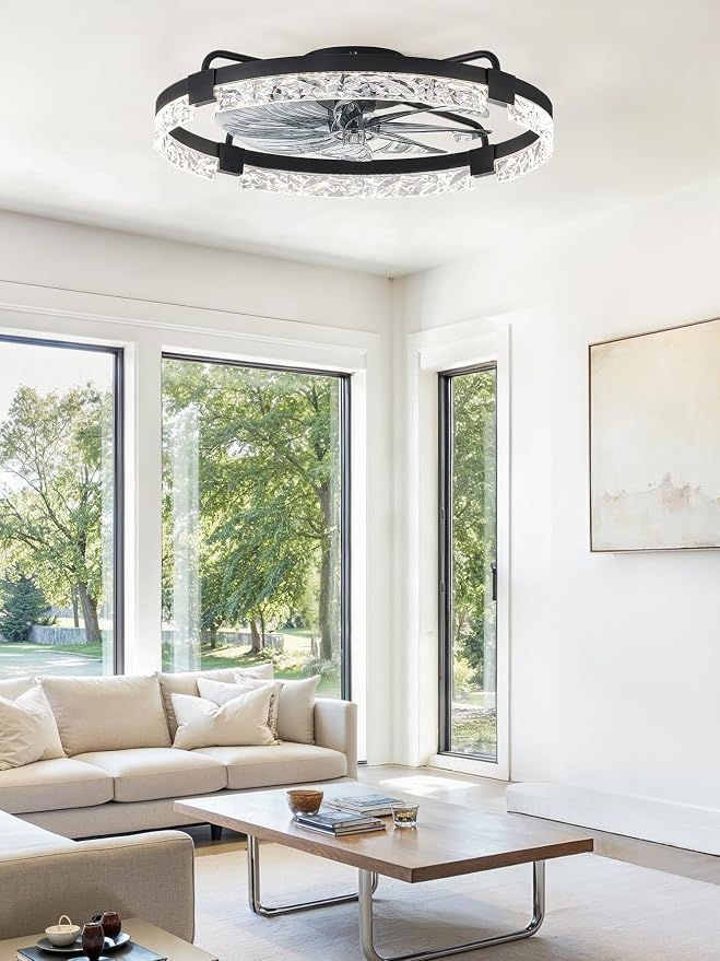 ZMISHIBO 24 Inch Ceiling Fans with Lights, Flush Mount Remote & App Control | 3CCT Dimmable LED, DC Motor, Bladeless, Reversible Blade, 6 Speeds, Modern, Low Profile, Enclosed, Bedroom, Kids, Girl, Adult
