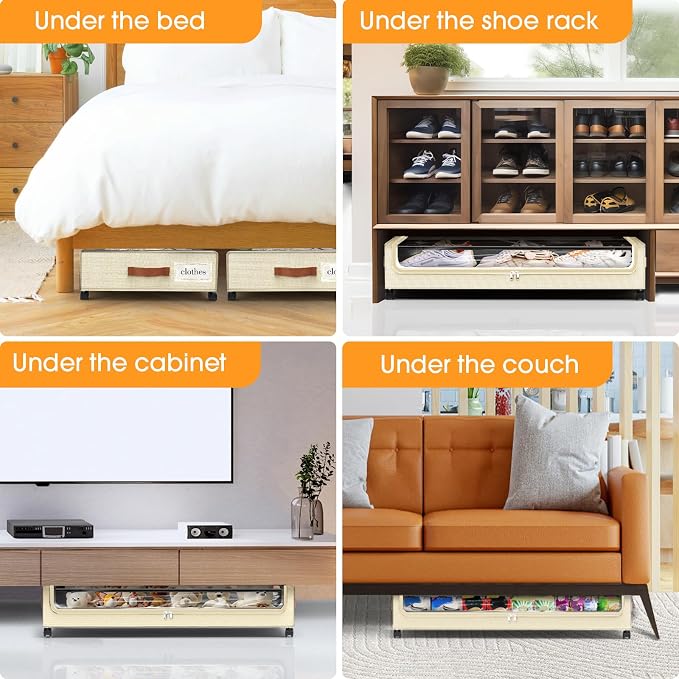 Under Bed Storage with Wheels 2Pack Storage Containers with Clear Window | Under Bed Drawers Rolling Under Bed Storage for Clothes,Shoes, Blankets (30.71 x 16.93 x 6.69 in, Beige)