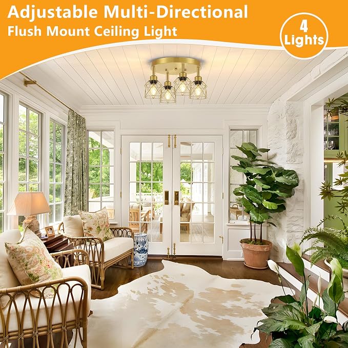 Baocuz 4-Light Brushed Gold Kitchen Light Fixtures Ceiling Mount, Adjustable Flush Mount Ceiling Light, Farmhouse Close to Multi-Directional Lamp for Kitchen, Hallway, Dining Room