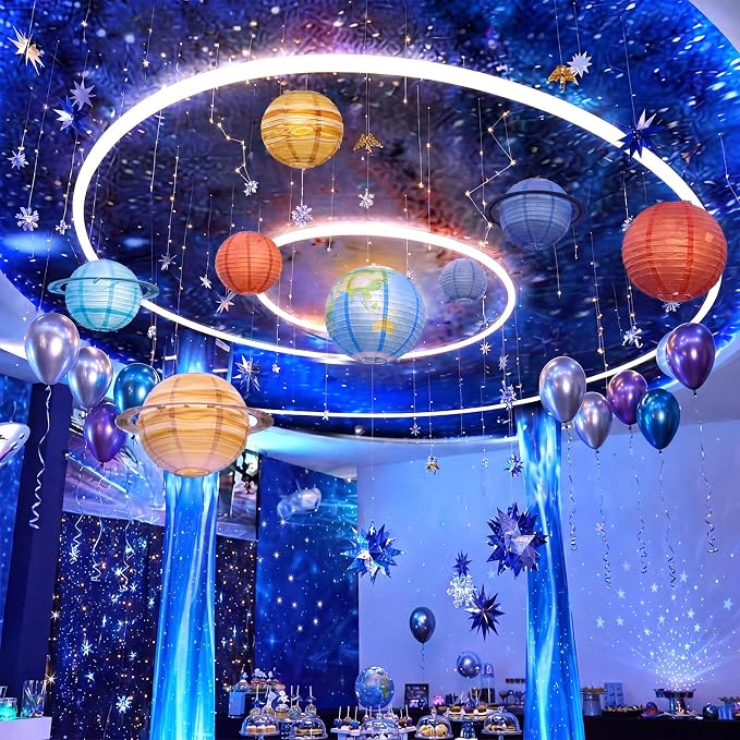 VioraWhite 9 Pcs Space Celing Decoration for Classroom 8 Paper Lanterns with 16.4 ft Battery String Light Outer Space Themed Hanging Party Decoration Solar System for Back to School Classroom Room