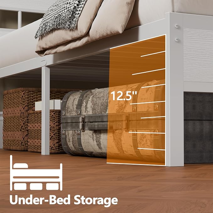 Twin Bed Frames with Storage Headboard, Charger & RGB LED, White | 2-Tier Shelves, Sturdy Metal Slats, Noise-Free, No Box Spring. USB & Type-C Ports, 700lbs Capacity. 12.6" Under-Bed Storage.