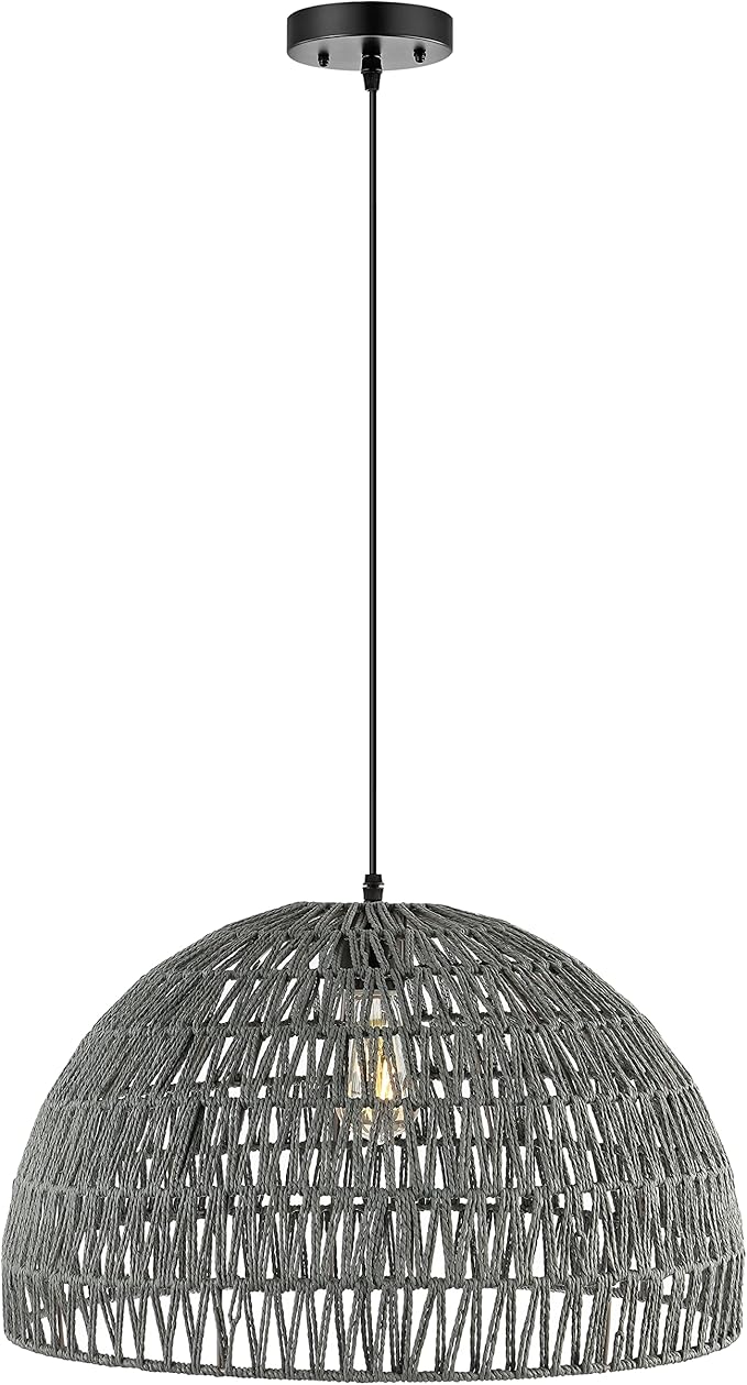 JONATHAN Y Campana 1-Light Pendant Dome Ceiling Lamp, 20", Gray | Modern Coastal Farmhouse Decor, Adjustable Height, Woven Rope Metal Frame, LED Bulb Included, UL Listed