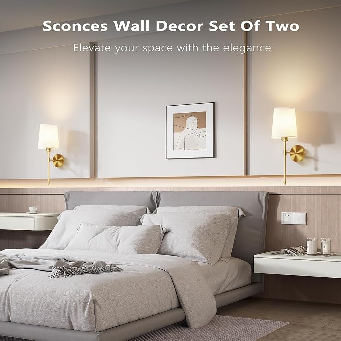 Battery Operated Wall Sconces Set of 2, Wireless Rechargeable Dimmable Wall Light with 5600mAh RGB Bulb and Remote for Bedroom, Living Room, Hallway, Gold, 19in