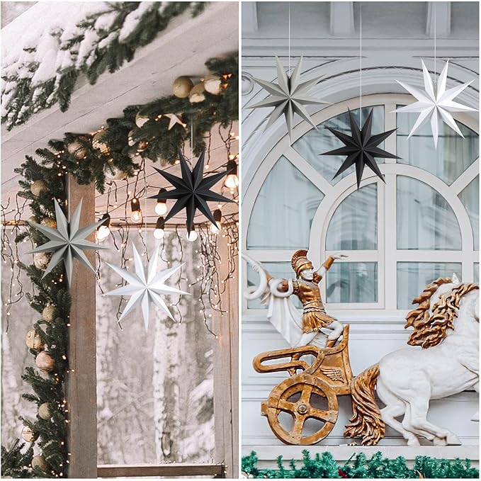 SUNBEAUTY 3 Pcs 9-Pointed Paper Star Lanterns 12 Inch Hanging Lampshade Wedding Birthday Christmas Home New Year Party Decorations