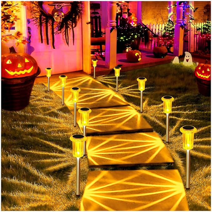 DenicMic Solar Halloween Lights Outdoor 10 Pack Fall Decorations for Home | Stake Lights for Yard Pathway Garden Walkway Driveway Patio Lawn, Auto On/Off Orange LED Autumn/Halloween Decor Waterproof