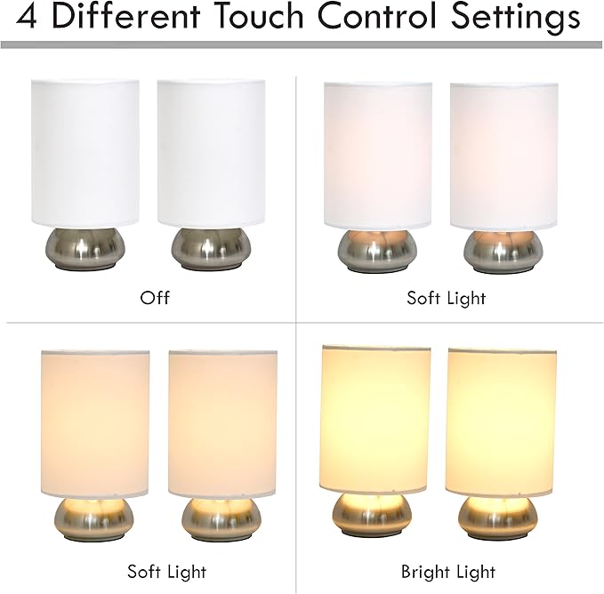 Simple Designs LT2016-IVY-2PK Gemini Brushed Nickel 2 Pack Mini Touch Lamp Set with Fabric Shades, Ivory
